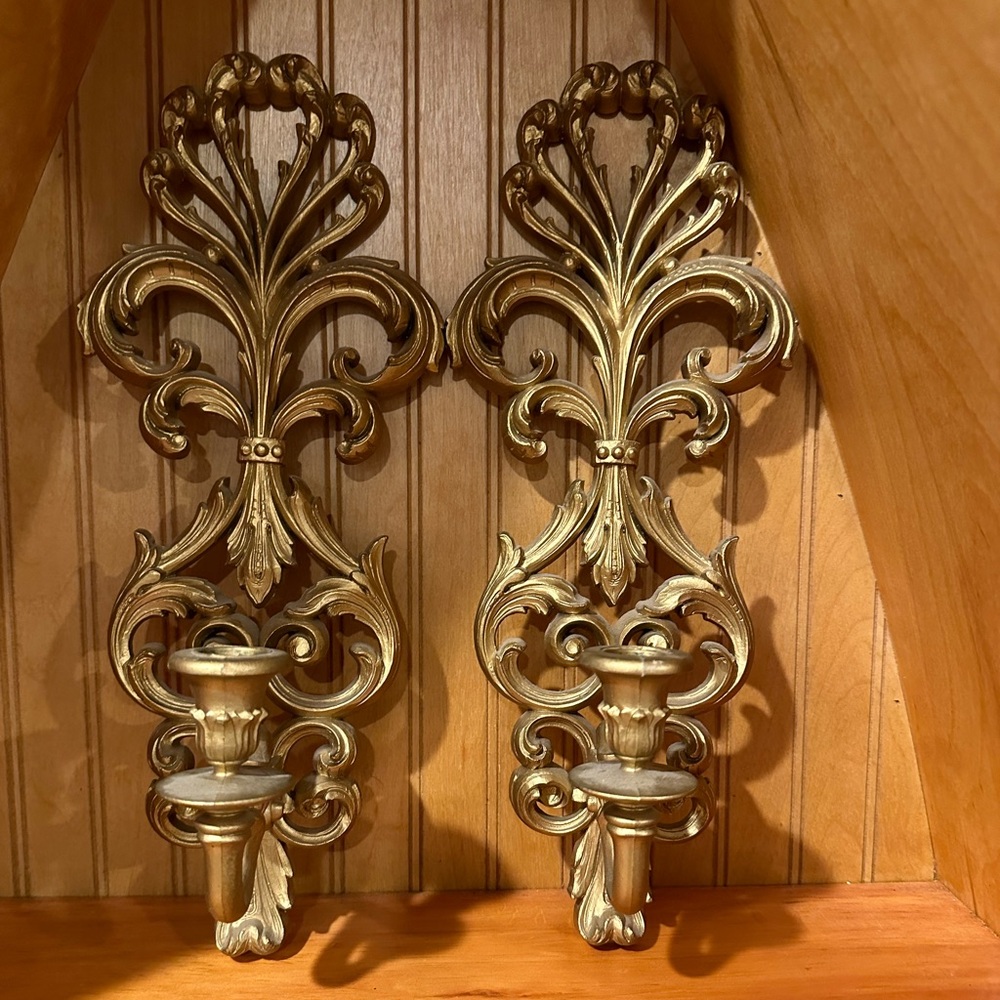 2 VTG MCM Burwood ROCOCO Hollywood Regency gold color candle wall Sconces